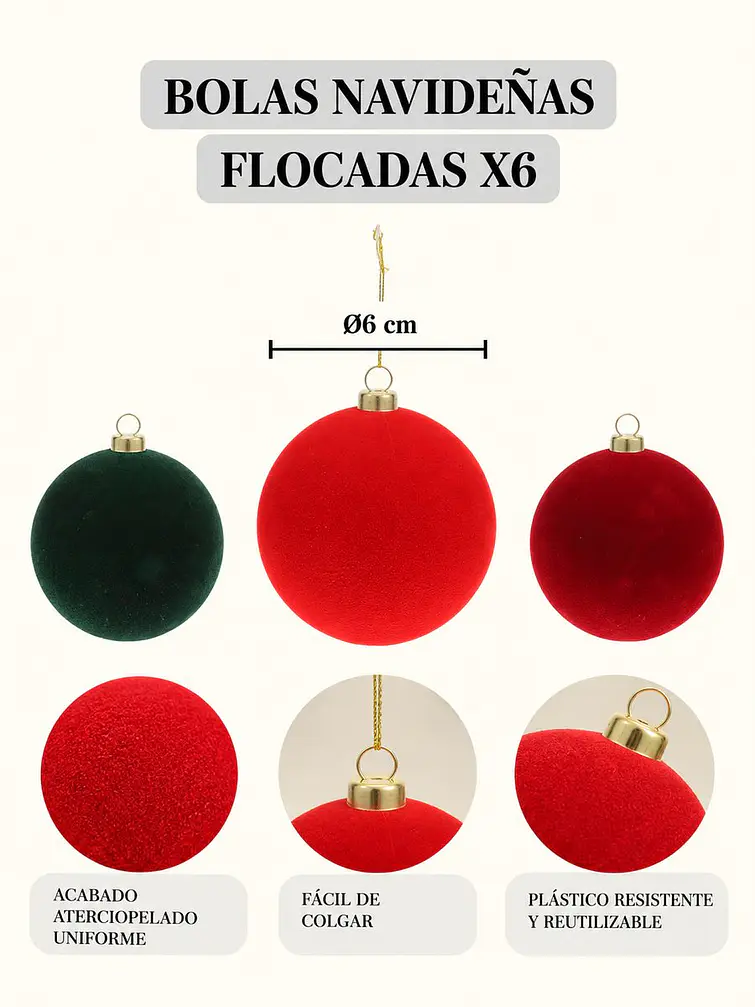BOLAS DE NAVIDAD TERCIOLPELO 6 CM PACK*6 8