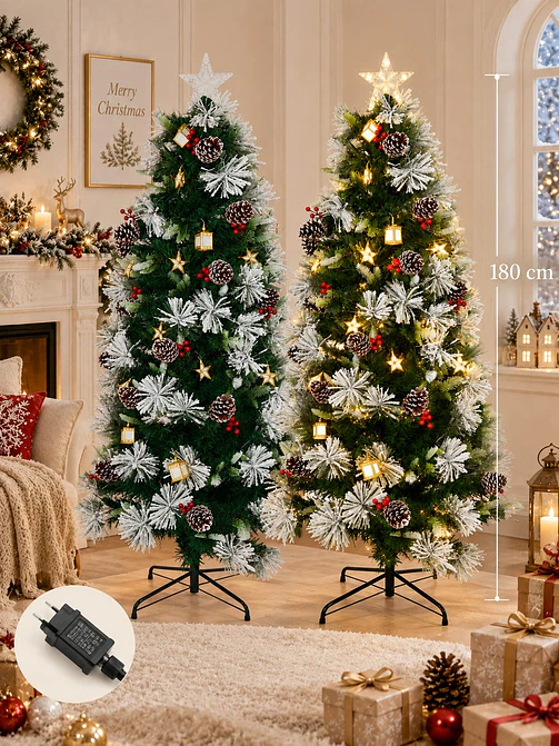 ARBOL NEVADO CON LUCES Y FAROLES 1.8 M 1