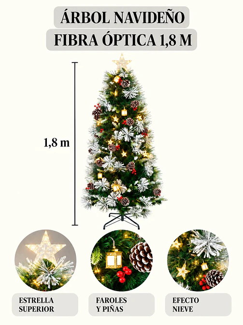 ARBOL NEVADO CON LUCES Y FAROLES 1.8 M 8