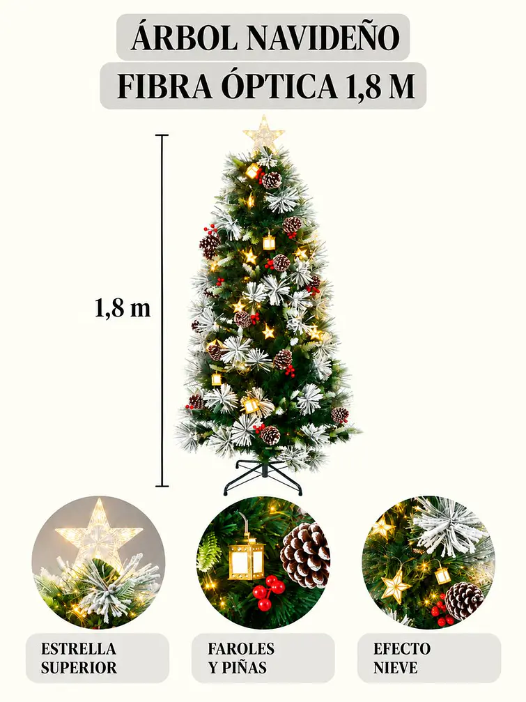 ARBOL NEVADO CON LUCES Y FAROLES 1.8 M 8