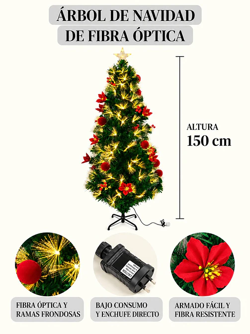 ARBOL NAVIDEÑO CON LUCES Y FLORES 1.5 M 8
