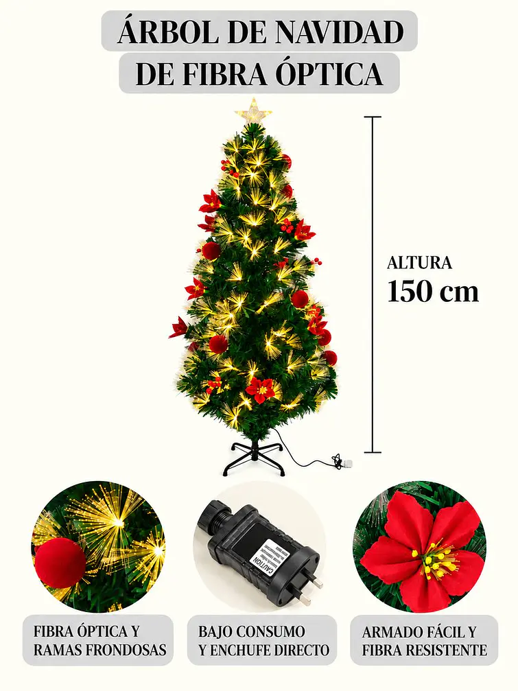 ARBOL NAVIDEÑO CON LUCES Y FLORES 1.5 M 8
