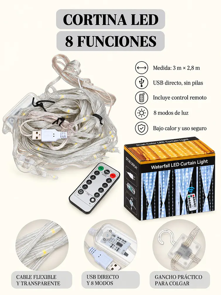 CORTINA DE LUCES CON CONTROL 3*2.8 M 6