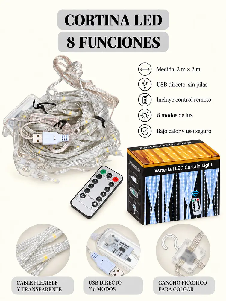 CORTINA DE LUCES CON CONTROL 3*2 M 6