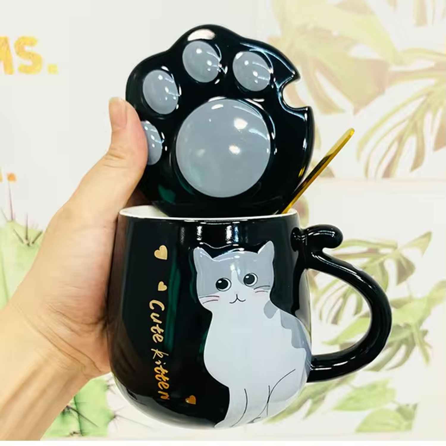 Taza de gato negra con tapa + cuchara  1