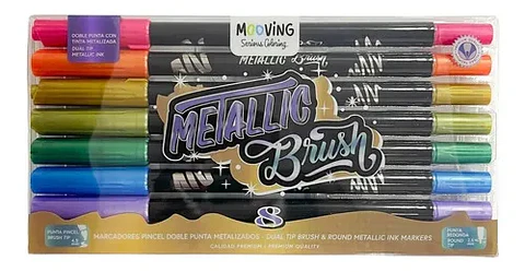 8 marcadores doble punta Mooving colores metálicos 