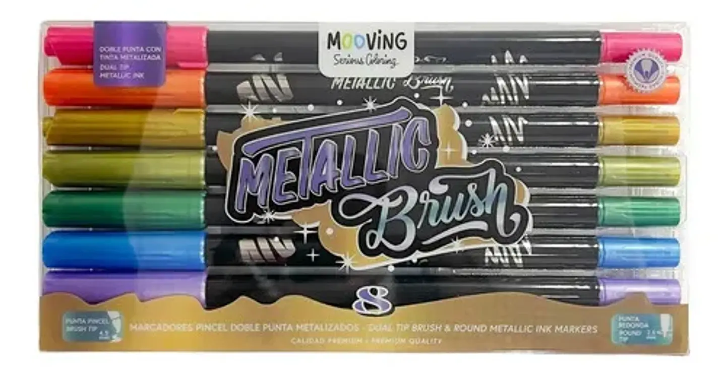 8 marcadores doble punta Mooving colores metálicos  1