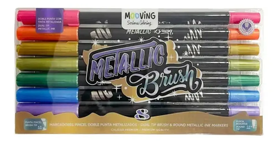 8 marcadores doble punta Mooving colores metálicos  1