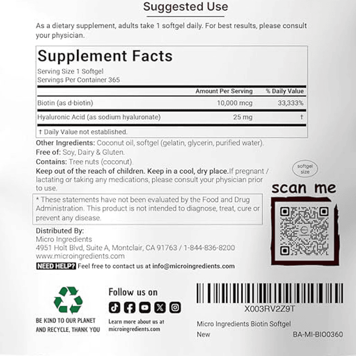 Biotina 10.000 mcg con acido hialuronico 365 softgels Microingredients 3