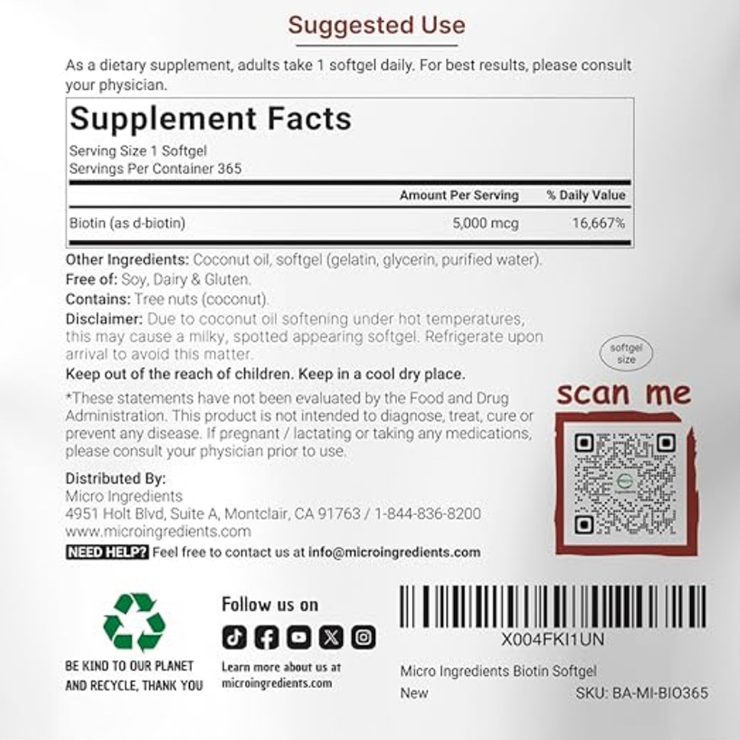 Biotina 5.000 mcg con acido hialuronico 365 softgels Microingredients 2