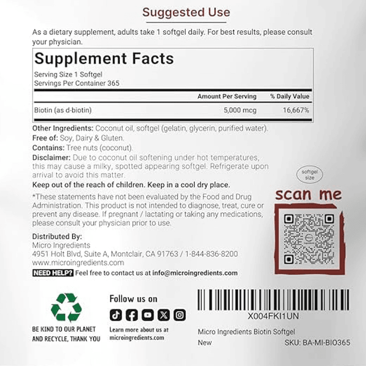 Biotina 5.000 mcg con acido hialuronico 365 softgels Microingredients 2