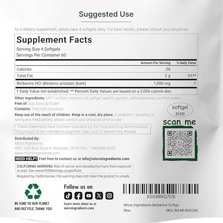 Berberina 1000 mgs MCT 240 softgels Microingredients 3