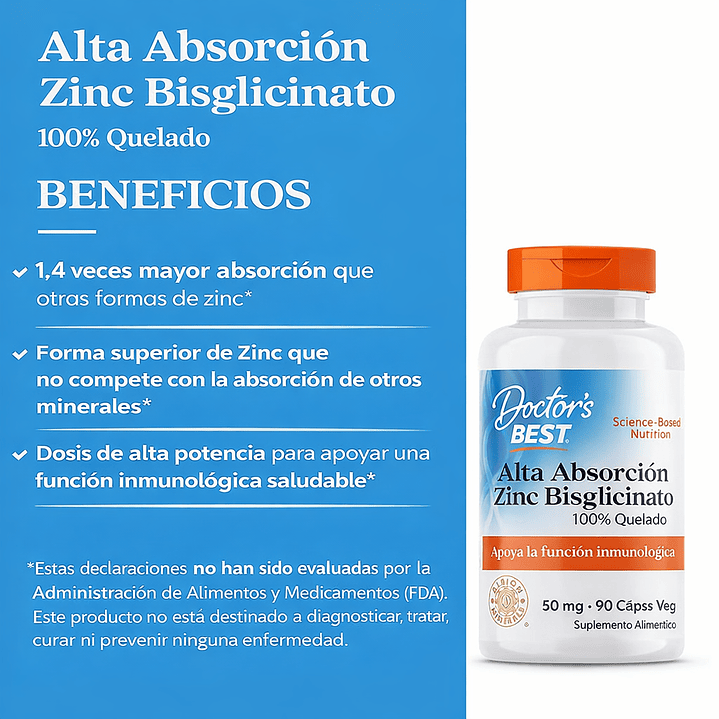 Zinc bisglicinato 50 mg 90 capsulas Doctor best 3