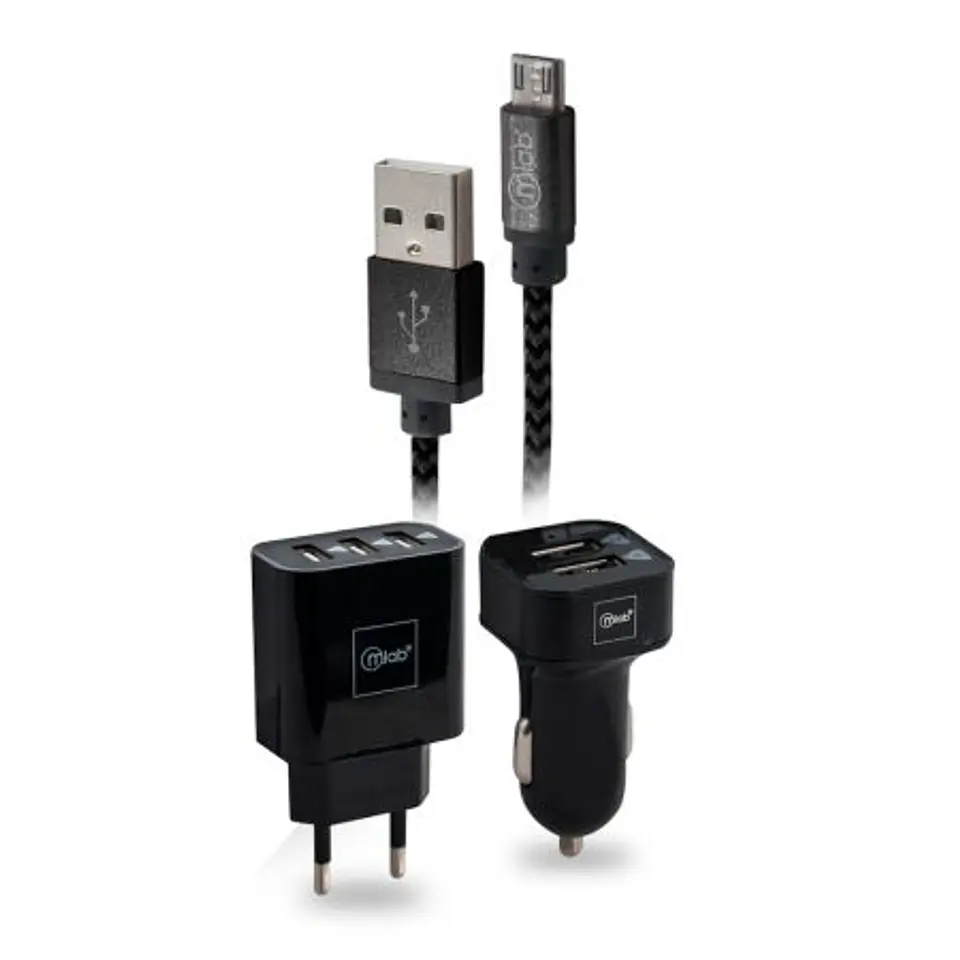 Kit Cargador 3 En 1 + Cable Micro Usb Negro Mlab 1