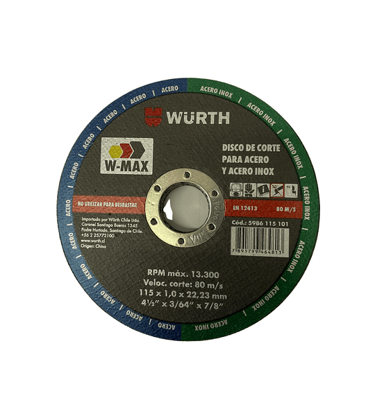 25 DISCOS DE CORTE INOX - METAL WURTH 4 1/2" x 1 mm X 25UND