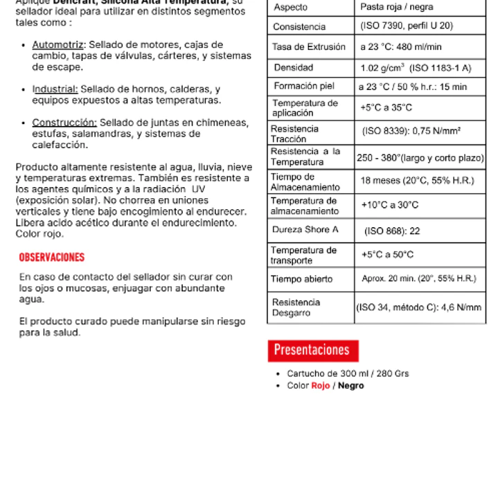 SILICONA DE ALTA TEMPERATURA 380°C ROJA 300 ML DENCRAFT 2