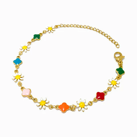 Bracelet avec marguerites et trèfles en acier inoxydable
