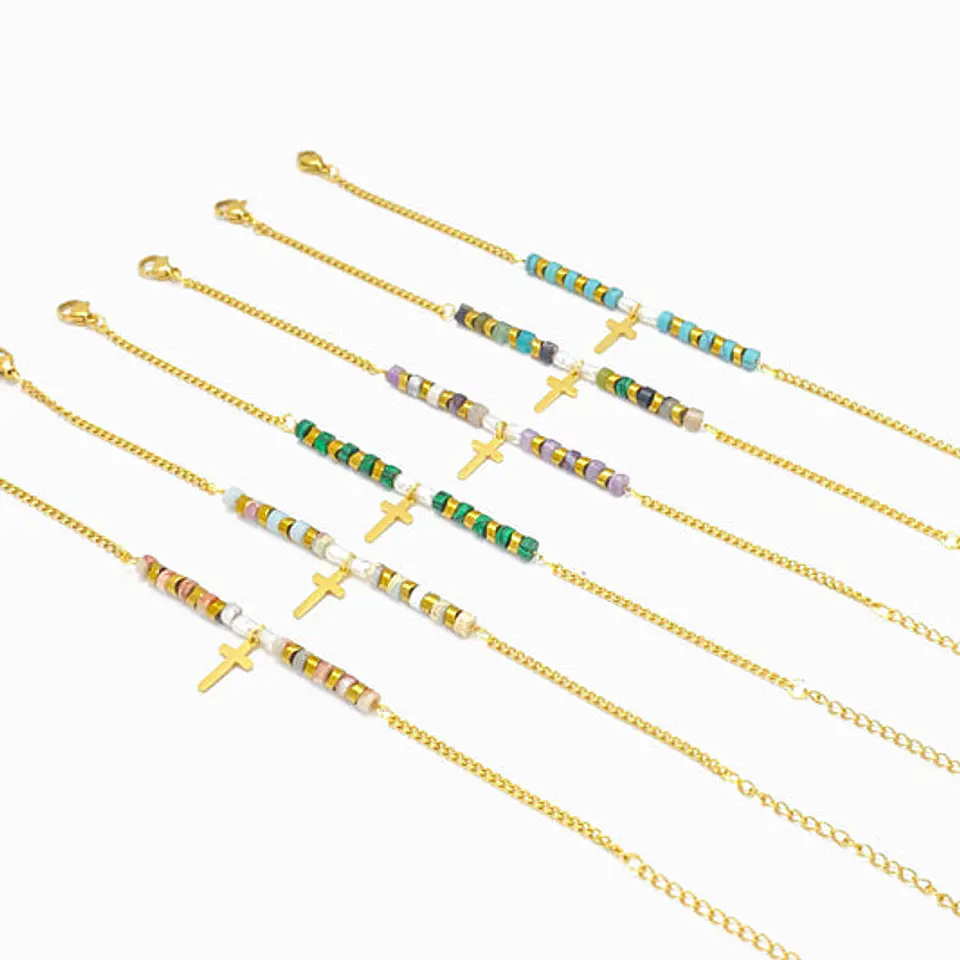 Bracelet pierre naturelle avec croix - Acier inoxydable 1