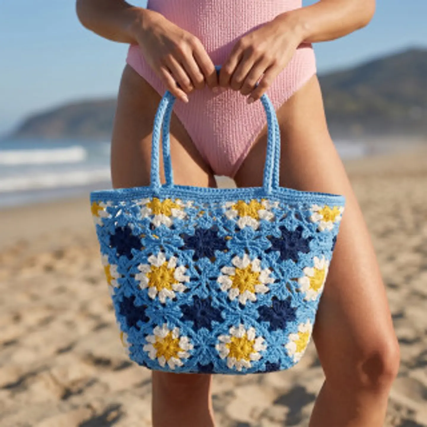 Sac de plage au crochet bohème motifs marguerites 1