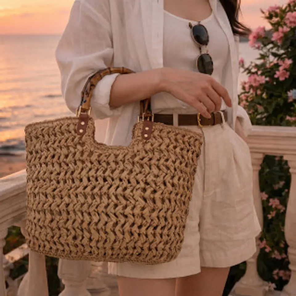 Sac panier en paille brute look bohème 1