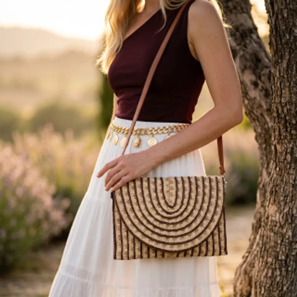 Panier en paille naturelle à motif spirale artistique bohème 1