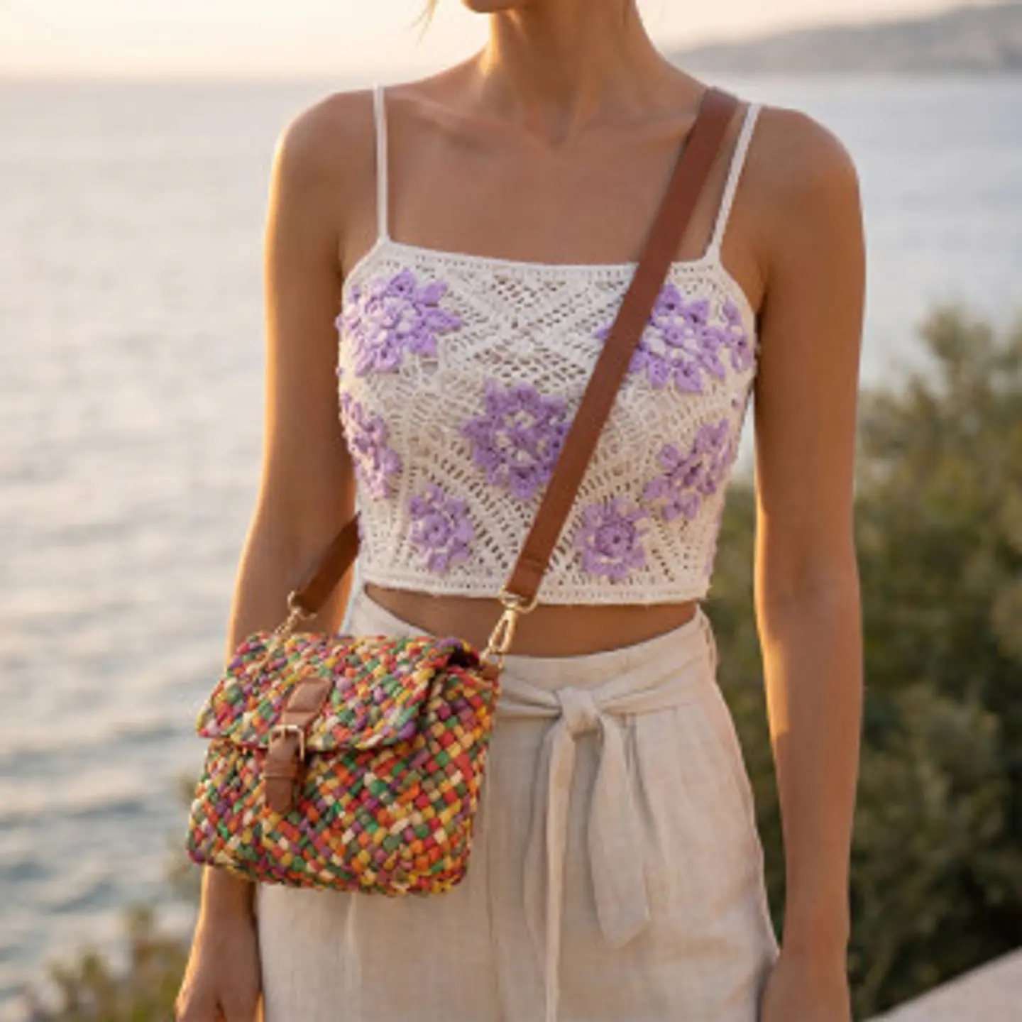 Sac de plage en paille multicolore avec fermeture à boucle robuste 1