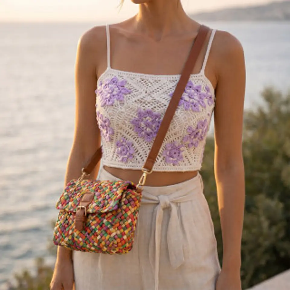 Sac de plage en paille multicolore avec fermeture à boucle robuste 1