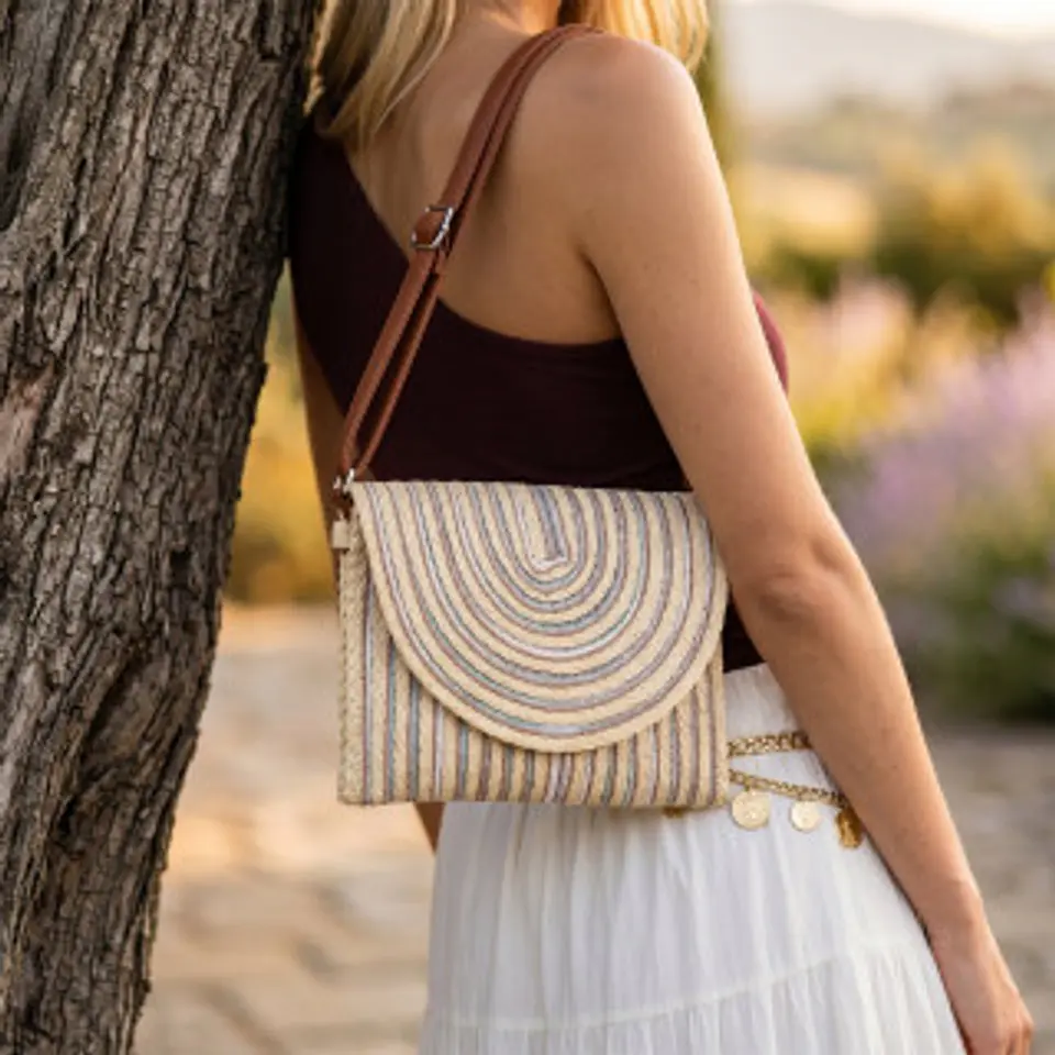 Sac bandoulière en paille rayée teintes colorées mode estivale 1