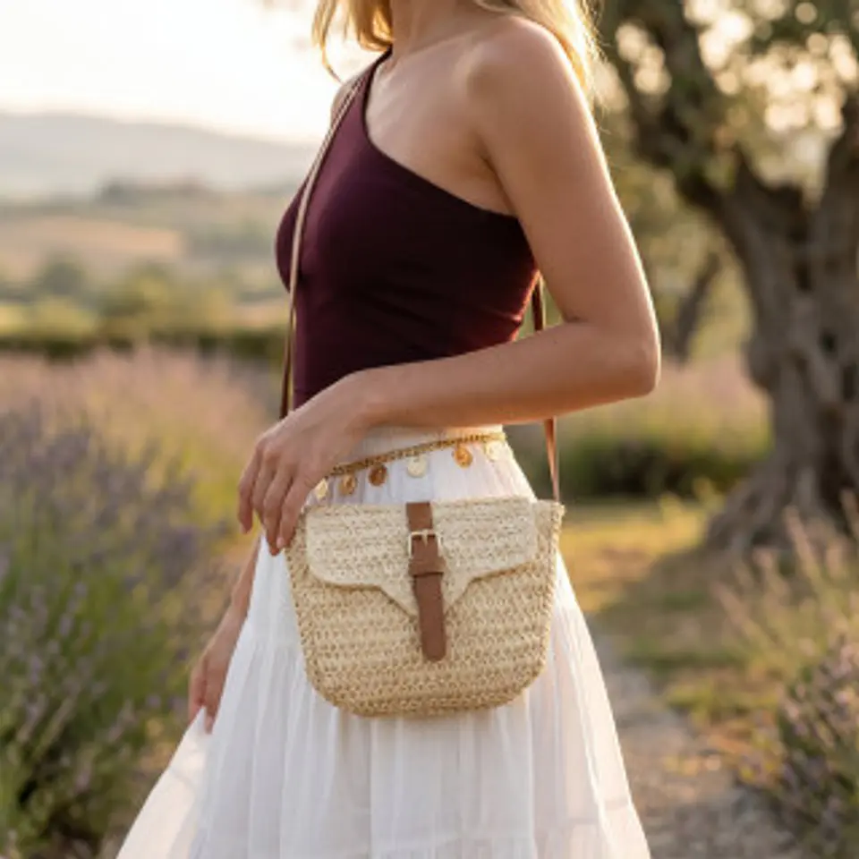 Sac bandoulière minimaliste paille claire silhouette épurée classique 1