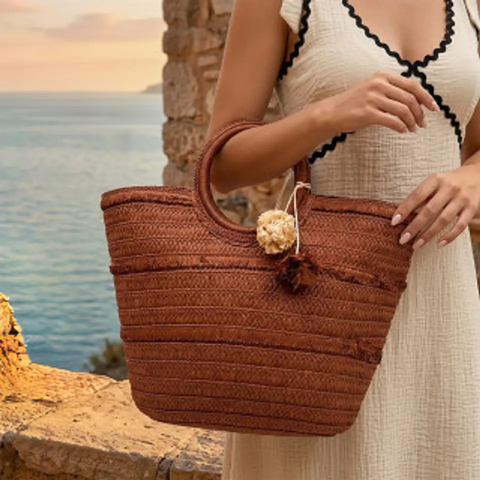 Sac cabas en paille naturelle tressage artisanal style rustique 1
