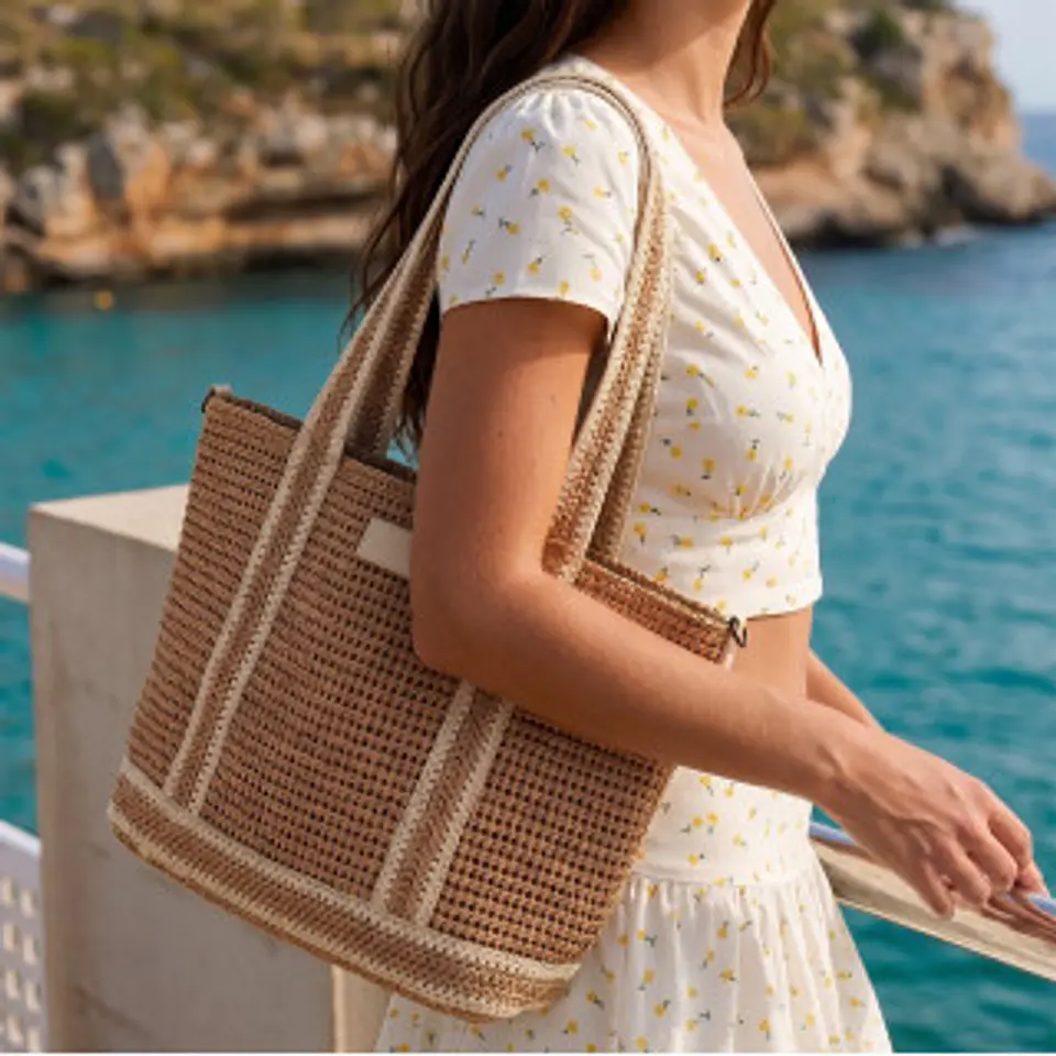 Sac bandoulière paille tressé chevrons tissu technique ultra résistant 1