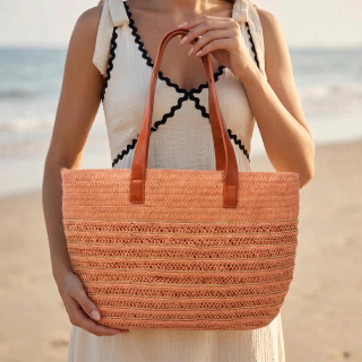 Sac cabas en raphia brodé finitions champêtres été ensoleillé 1