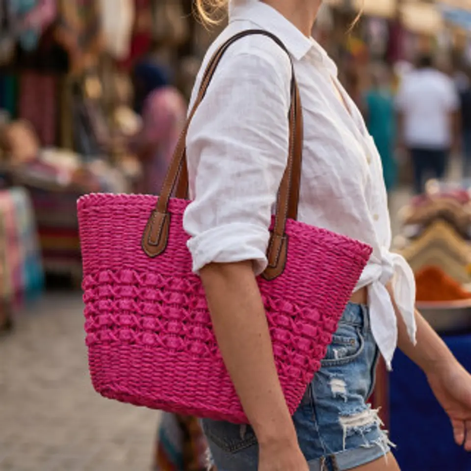 Sac panier estival léger raphia fibres naturelles doublées tissu 1