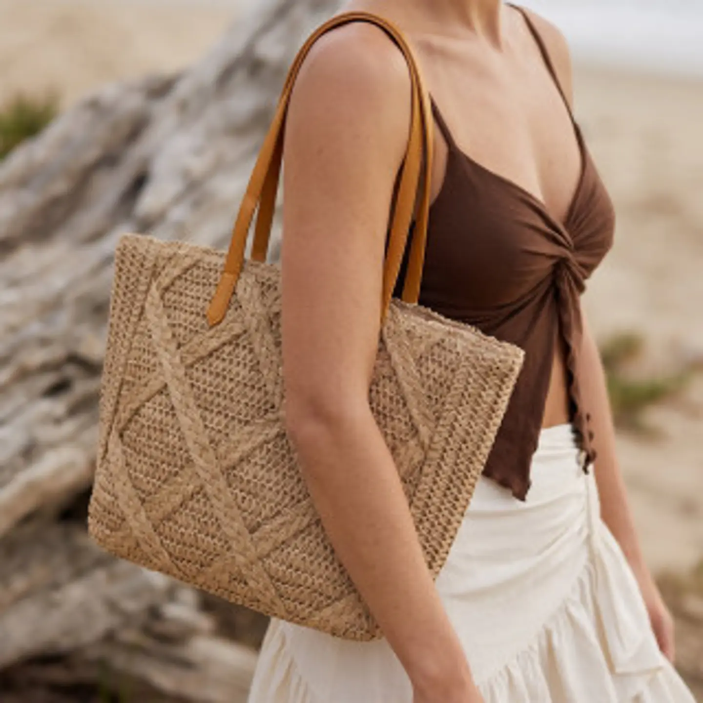 Sac cabas paille doublé tissu doux compartiment zippé sécurité 1