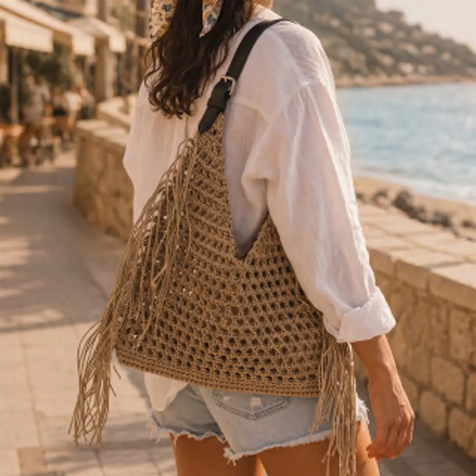 Sac cabas paille brodé motif fleur délicate coutures apparentes précises 1