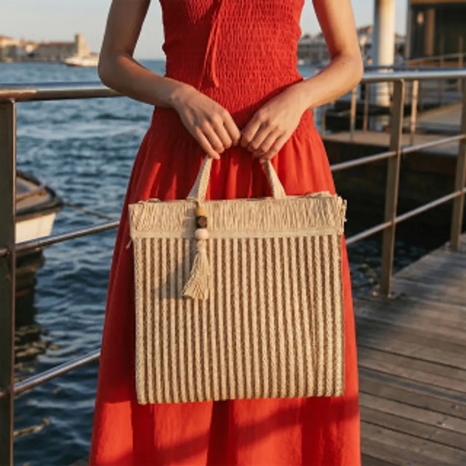 Sac cabas en raphia drapé effet froncé haut de gamme silhouette fluide 1
