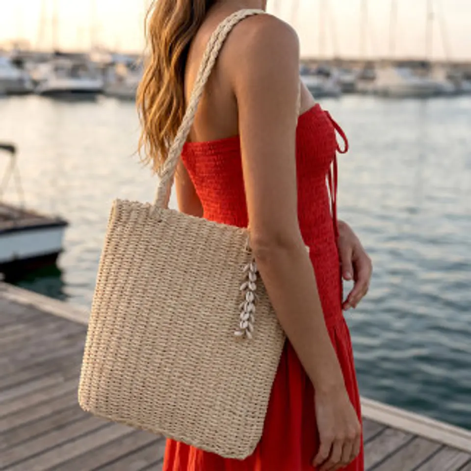 Sac bandoulière paille bicolore tressage alterné mailles géométriques mode 1