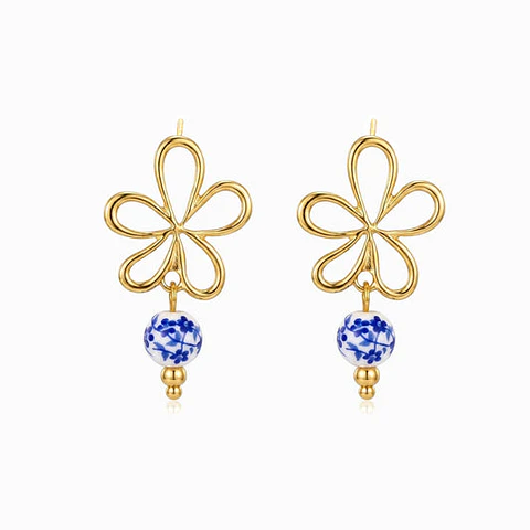 Boucles d'Oreilles Fleur en Porcelaine Belle en Acier 29x18mm