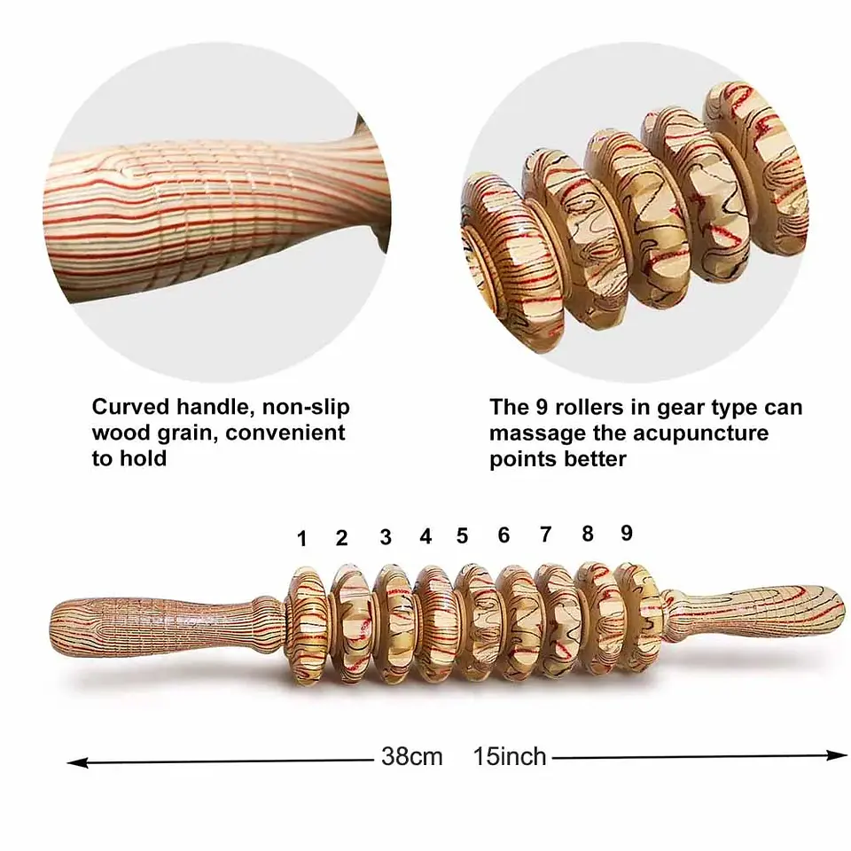 Bâton Masseur en Bois – 9 Rouleaux Anti-Cellulite 14