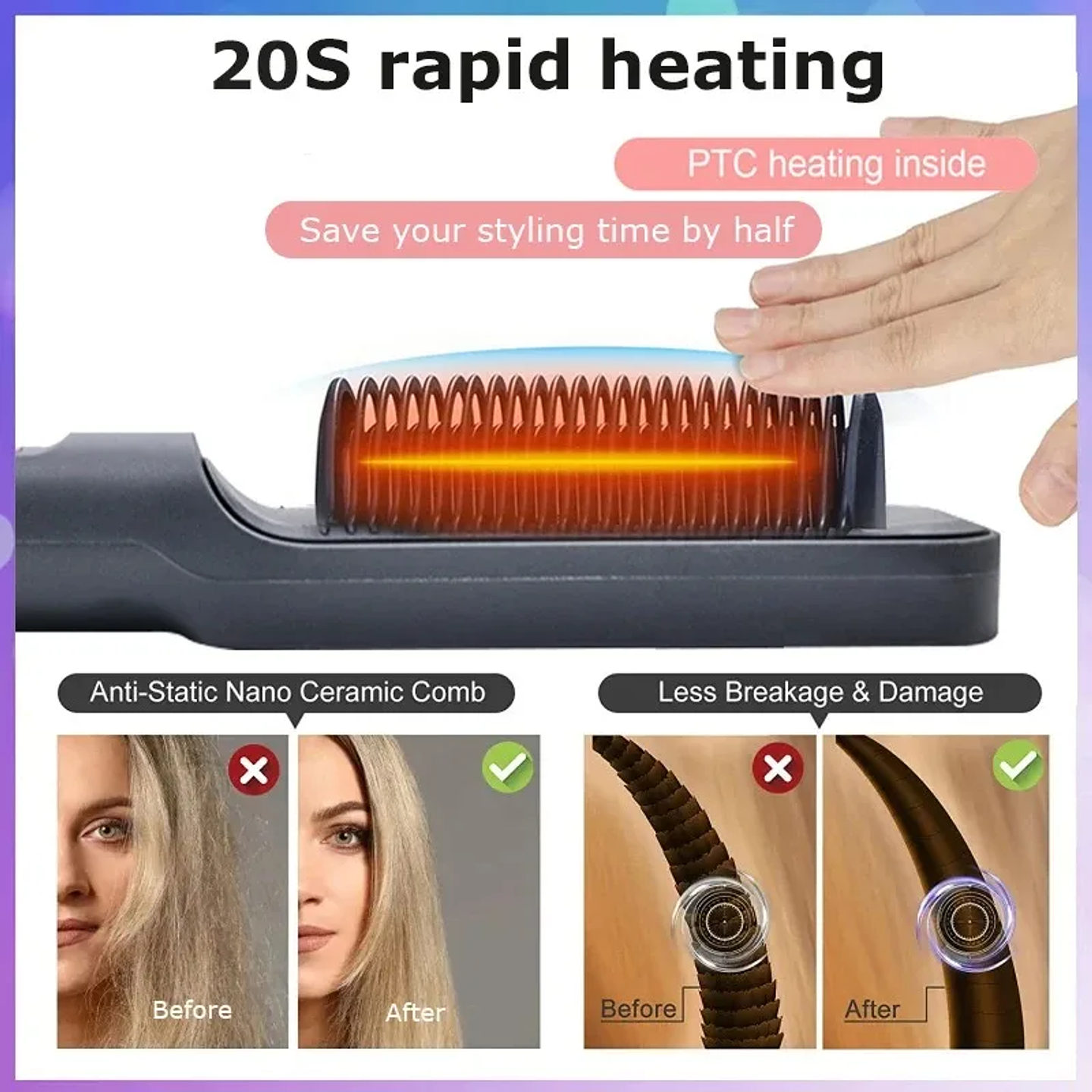 Negative Ion Hair Straightening Brush | Anti-Scalding Electric Hot Comb with PTC Heating 5