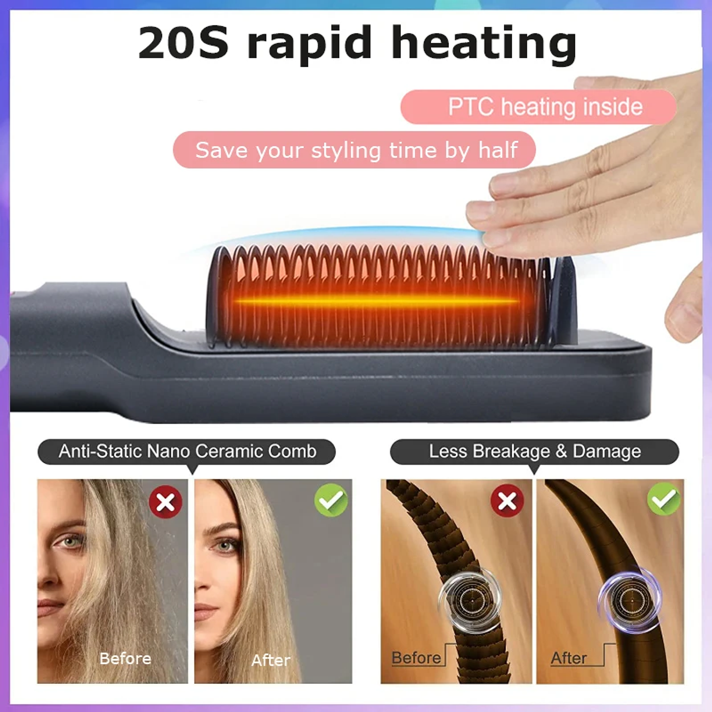 Negative Ion Hair Straightening Brush | Anti-Scalding Electric Hot Comb with PTC Heating 24