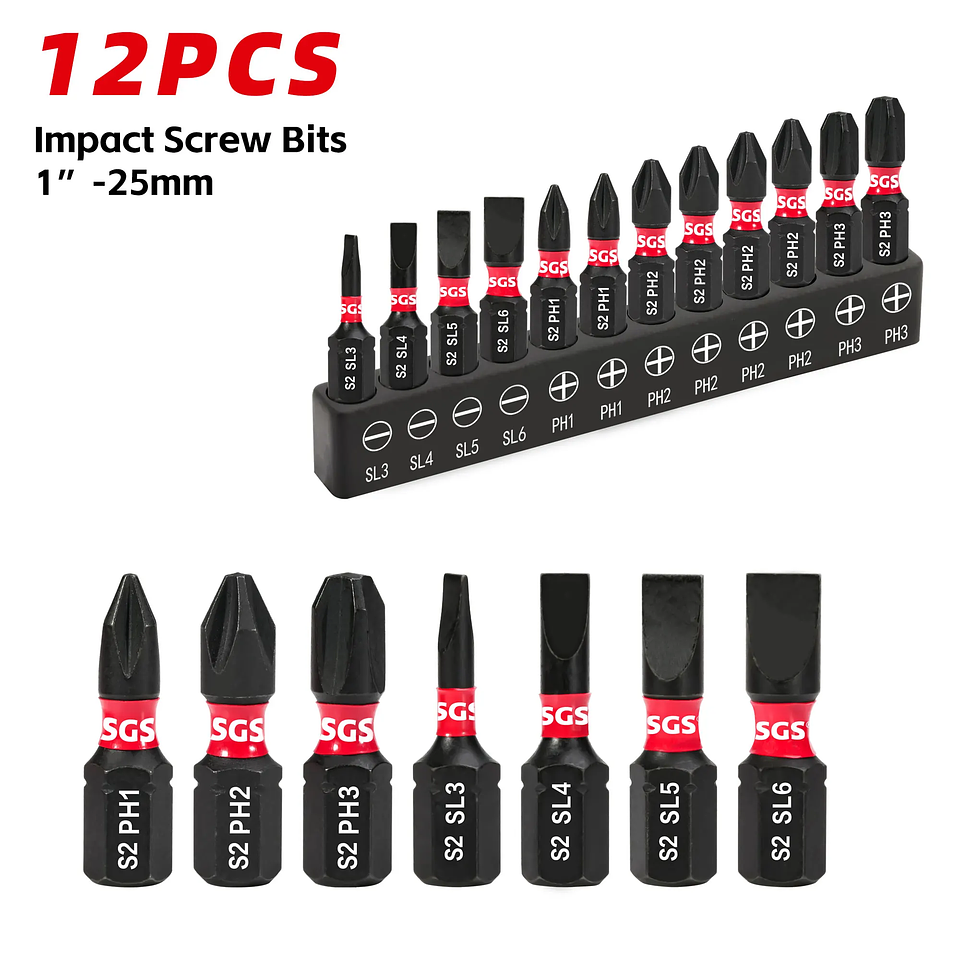 12-Piece Impact Screwdriver Bit Set | SL/PH S2 Alloy Steel Tips | High-Torque Magnetic Bits for Power Tools 1