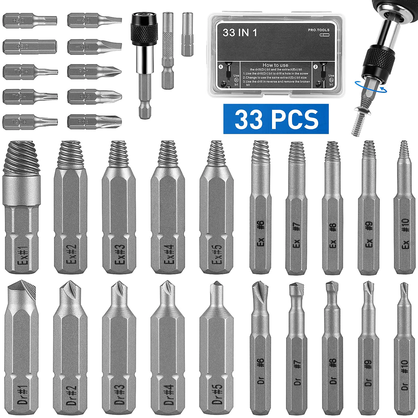 33-Piece Damaged Screw Extractor & Multi-Bit Set | S2 Alloy Steel Bolt Remover Kit with Extension Adapters 1