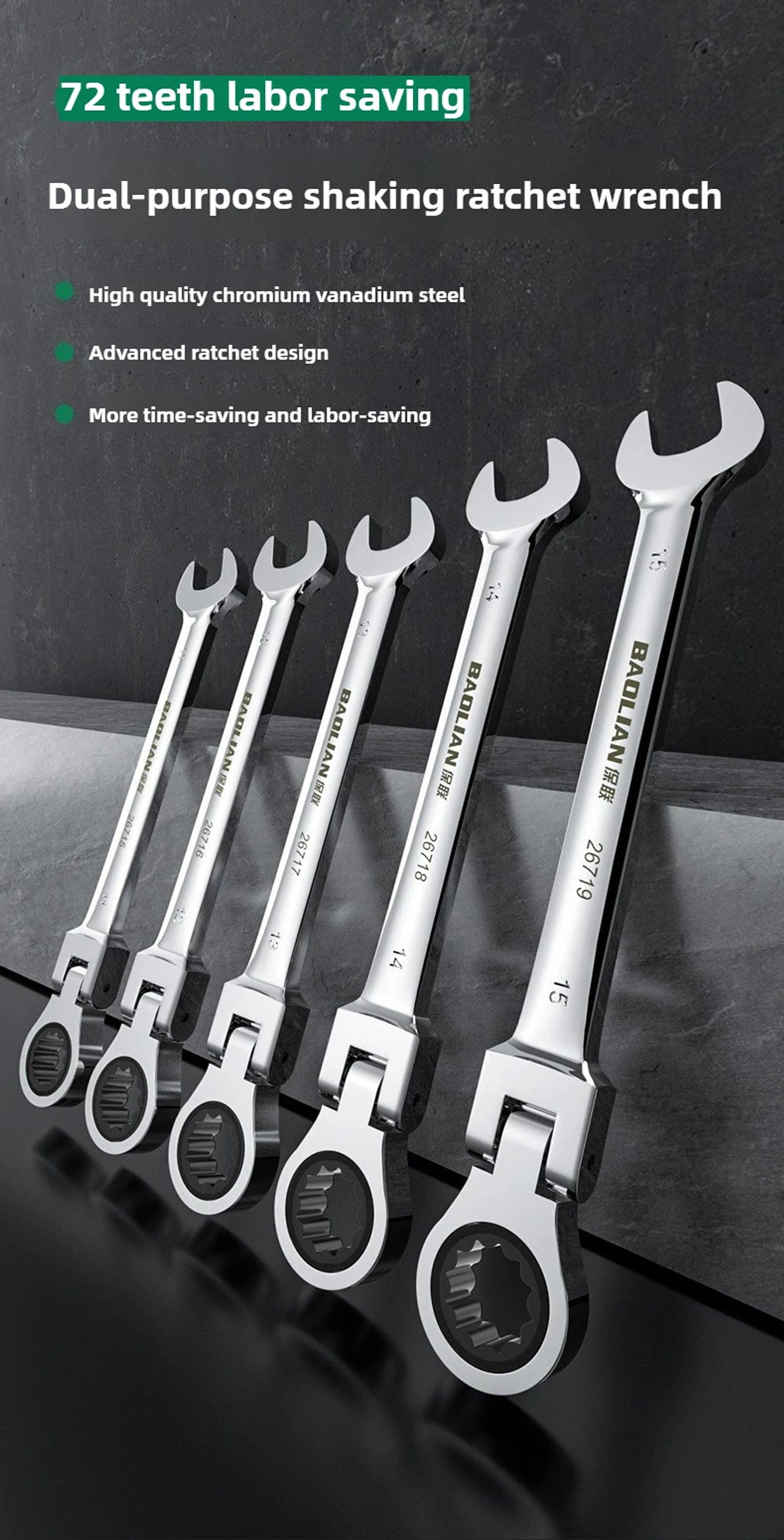 180° Flex-Head Ratchet Wrench | 72-Tooth CR-V Steel Gear | Professional Metric Combination Spanner 6