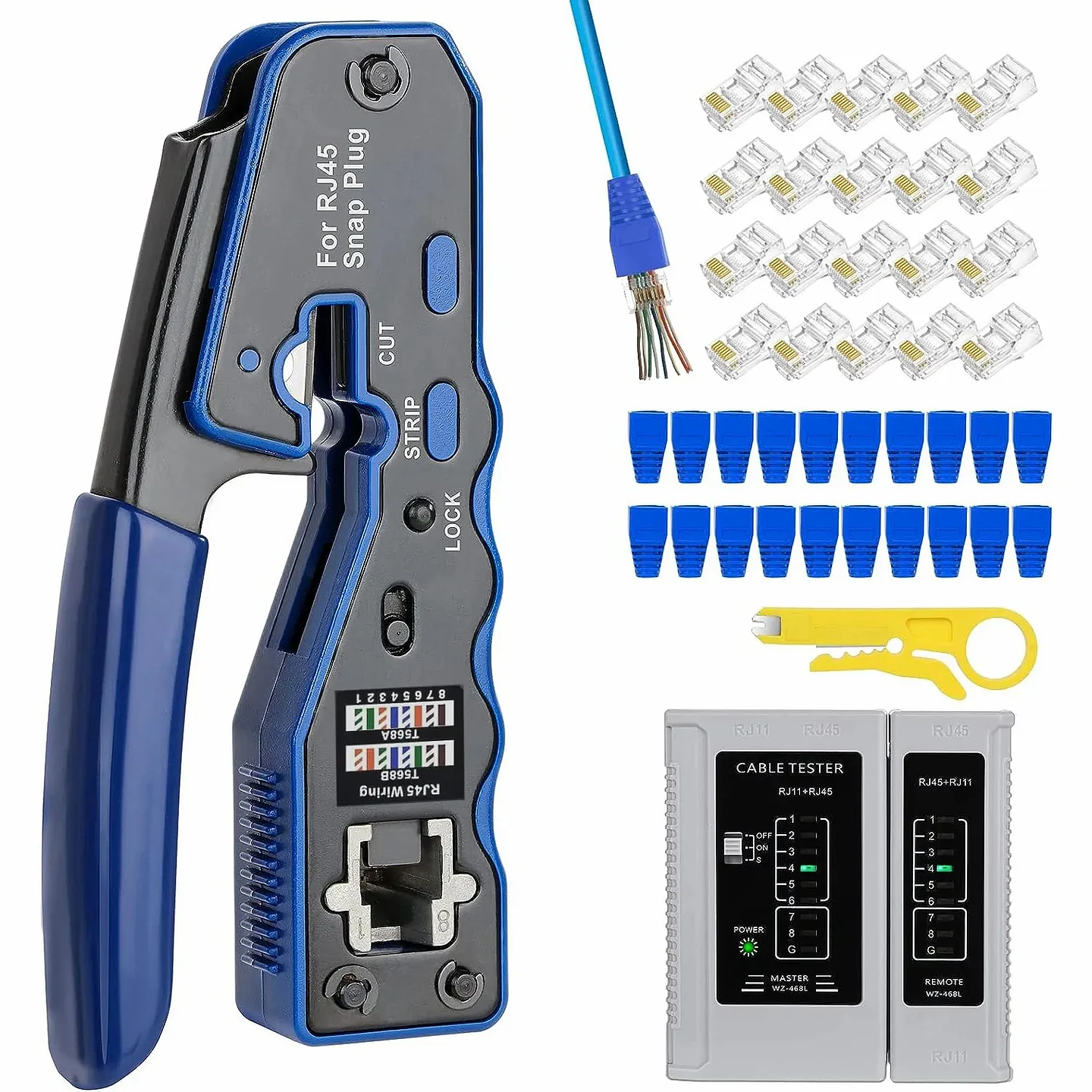 Crimping Tool Kit | Pass Through Network Ethernet Crimper with Connectors, Boots & Tester for Cat5e/Cat6 UTP 1