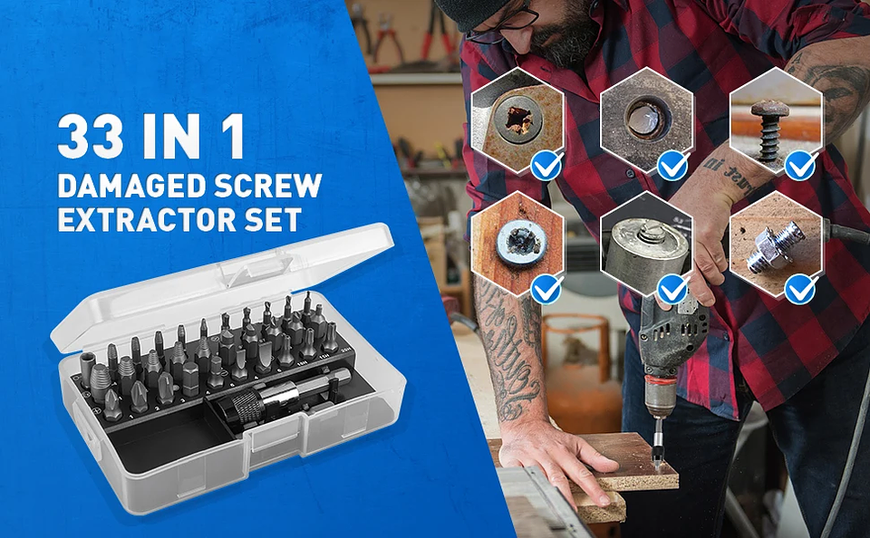 33-Piece Damaged Screw Extractor & Multi-Bit Set | S2 Alloy Steel Bolt Remover Kit with Extension Adapters 8