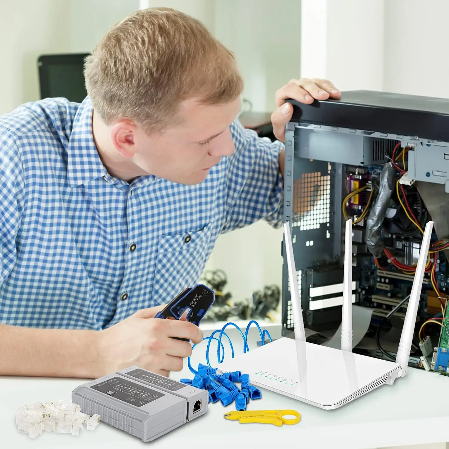 Crimping Tool Kit | Pass Through Network Ethernet Crimper with Connectors, Boots & Tester for Cat5e/Cat6 UTP 6