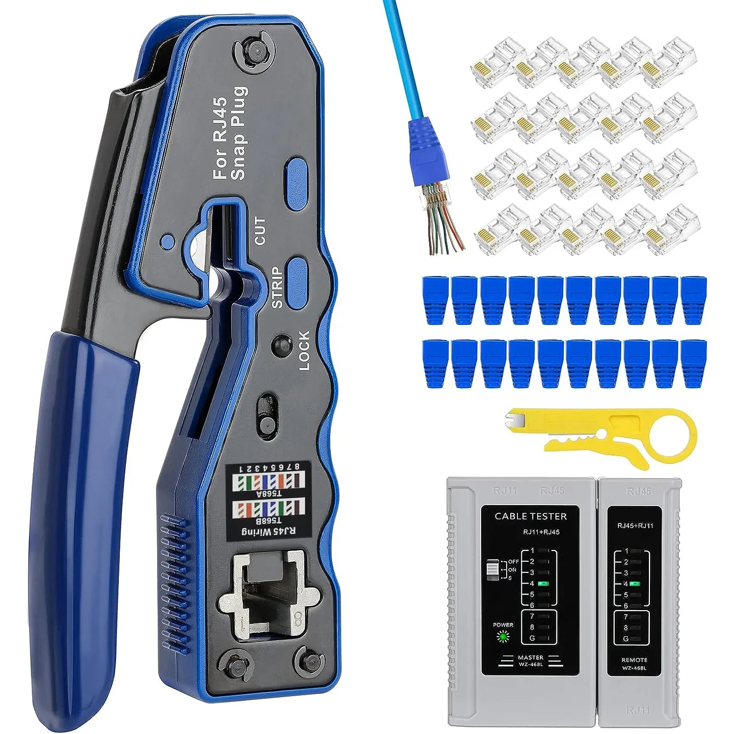 Crimping Tool Kit | Pass Through Network Ethernet Crimper with Connectors, Boots & Tester for Cat5e/Cat6 UTP 7