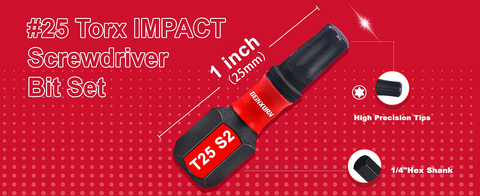 Impact Tough T25 Torx Driver Bits | 1-Inch Magnetic S2 Alloy Steel Impact Bit Set 10