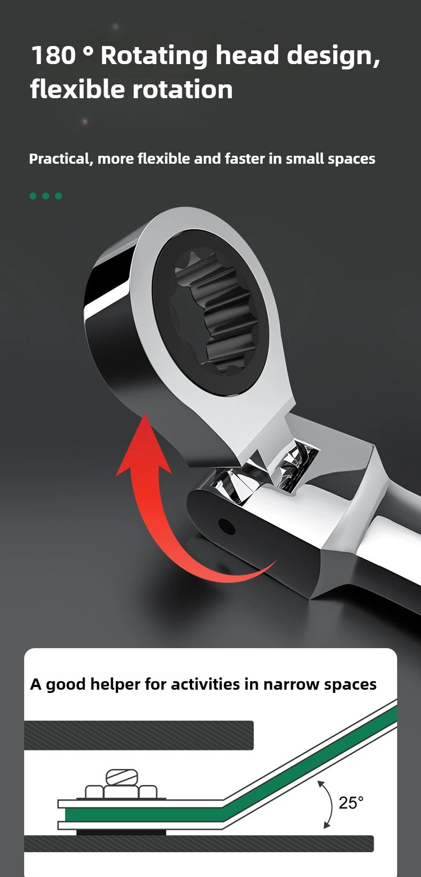 180° Flex-Head Ratchet Wrench | 72-Tooth CR-V Steel Gear | Professional Metric Combination Spanner 24